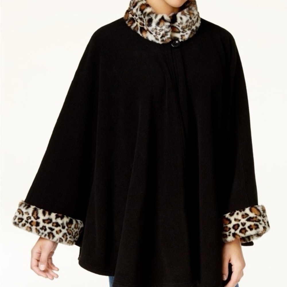Cejon Cape Jacket Faux Leopard Trim and Black
